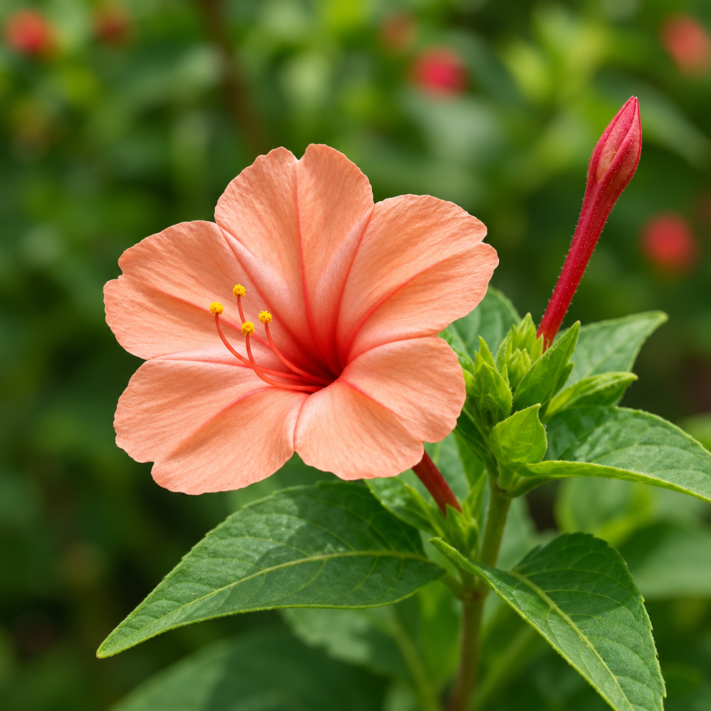 Salmon 4 O'Clock Mirabilis jalapa with fragrant salmon-pink trumpet-shaped flowers – summer flower seeds for pots grow bags and garden beds in Pakistan