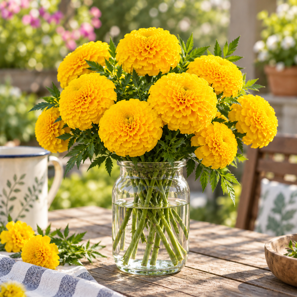 African Marigold Gold by PanAmerican Seeds with large full golden-yellow flowers – Tagetes erecta flower seeds for home gardening in Pakistan