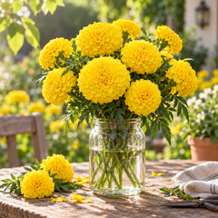 African Marigold Yellow by PanAmerican Seeds with large full bright-yellow flowers – Tagetes erecta flower seeds for home gardening in Pakistan