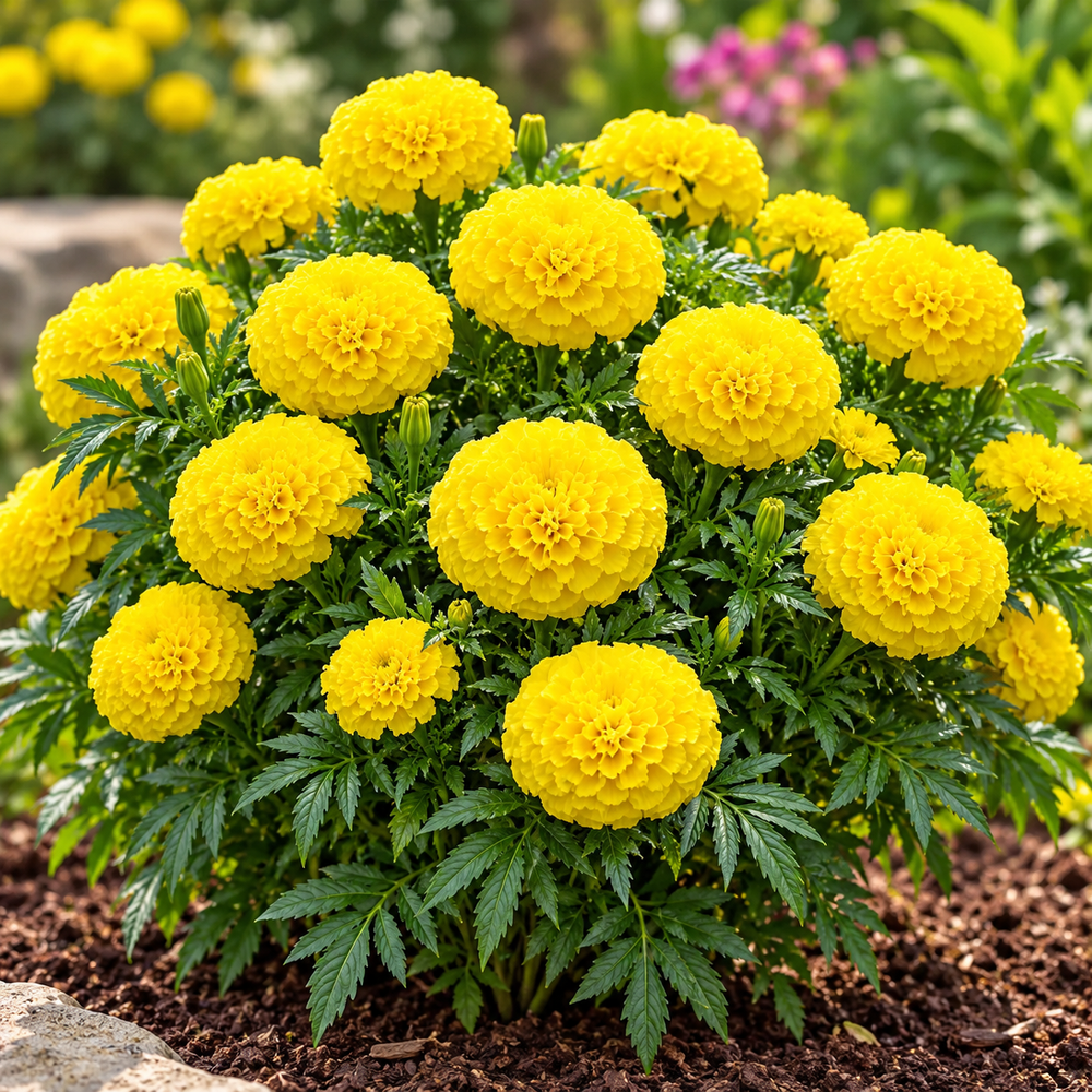 African Marigold Yellow by PanAmerican Seeds with large full bright-yellow flowers – Tagetes erecta flower seeds for home gardening in Pakistan