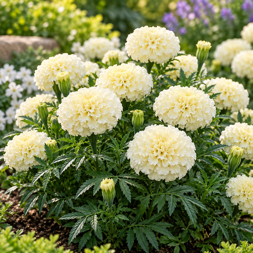 African Marigold White by PanAmerican Seeds with large full creamy-white flowers – Tagetes erecta flower seeds for home gardening in Pakistan