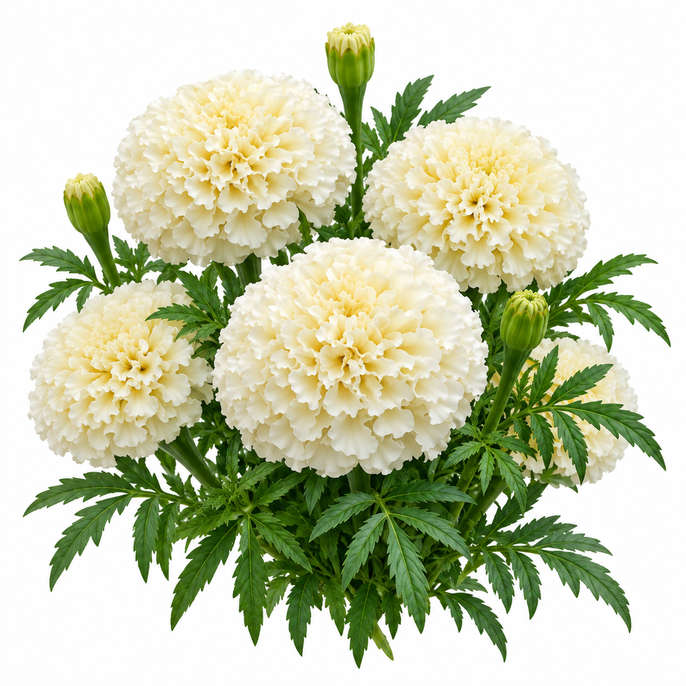 African Marigold White by PanAmerican Seeds with large full creamy-white flowers – Tagetes erecta flower seeds for home gardening in Pakistan