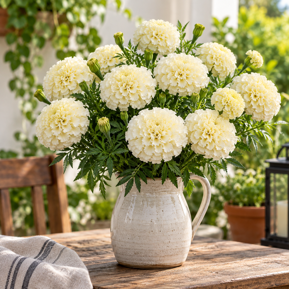 African Marigold White by PanAmerican Seeds with large full creamy-white flowers – Tagetes erecta flower seeds for home gardening in Pakistan