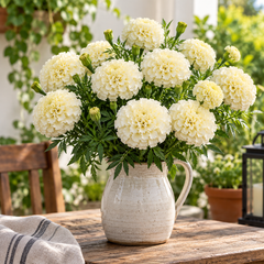 African Marigold White by PanAmerican Seeds with large full creamy-white flowers – Tagetes erecta flower seeds for home gardening in Pakistan