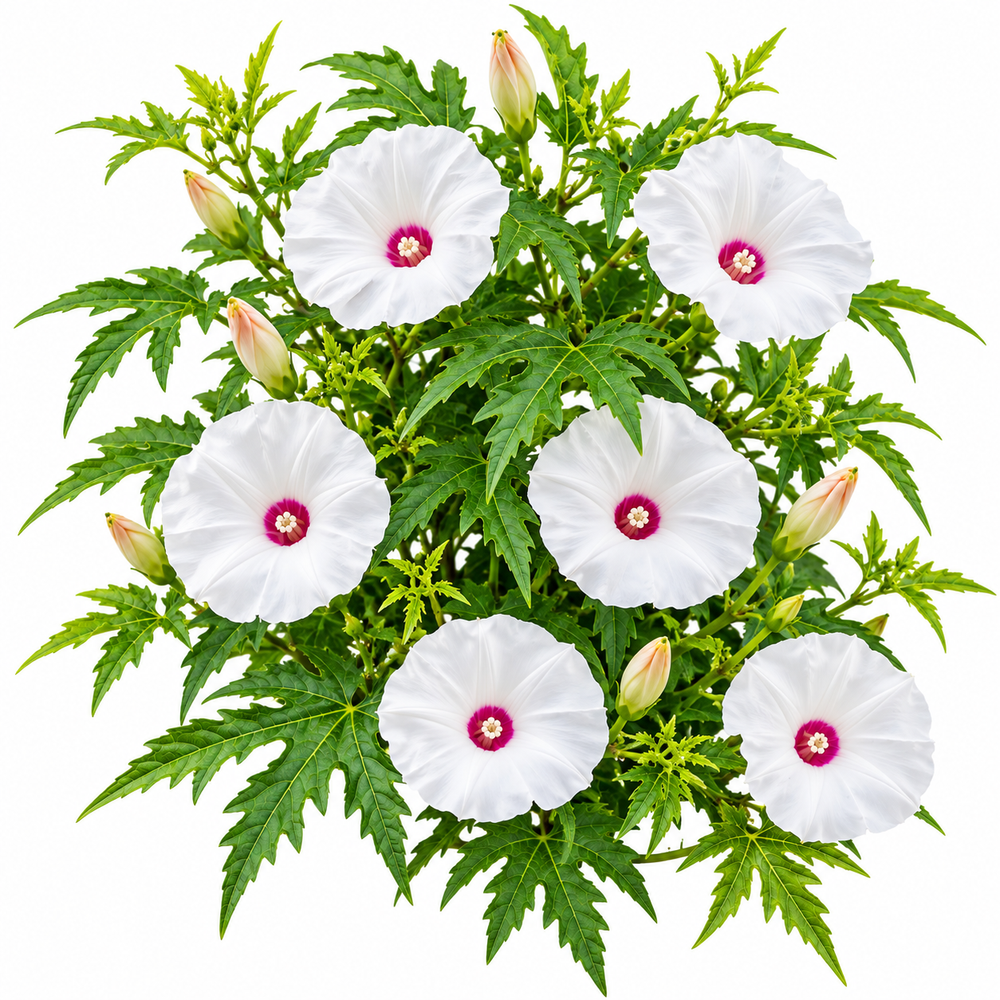 Alamo Vine Merremia dissecta with white trumpet-shaped flowers and deep maroon-purple centres climbing on trellis – summer vine seeds in Pakistan
