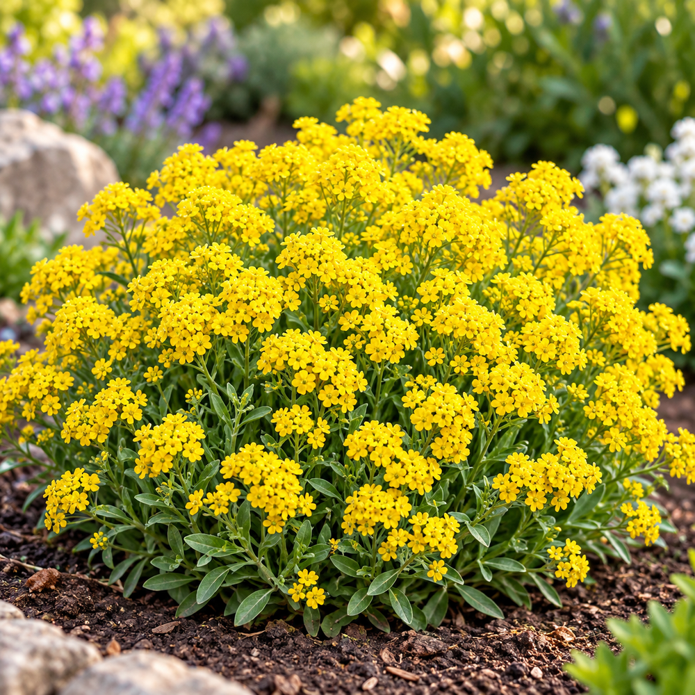 Yellow Alyssum flowers in full bloom forming a compact bright-yellow flowering carpet – winter flower seeds for pots, borders and rock gardens in Pakistan
