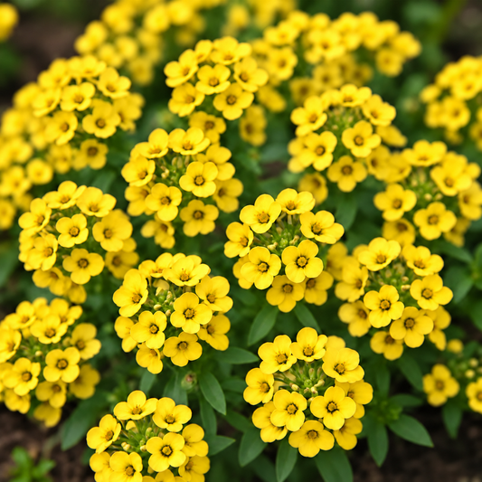 Yellow Alyssum flowers in full bloom forming a compact bright-yellow flowering carpet – winter flower seeds for pots, borders and rock gardens in Pakistan