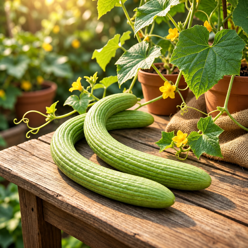 Armenian Cucumber OP Kakri Tar with long slender light-green ridged fruits growing on vigorous climbing vines – summer vegetable seeds for kitchen gardens trellises and grow bags in Pakistan