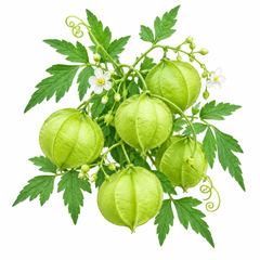 Balloon Vine Love in a Puff Cardiospermum halicacabum climbing on a trellis with green balloon-shaped seed pods and delicate white flowers in Pakistan