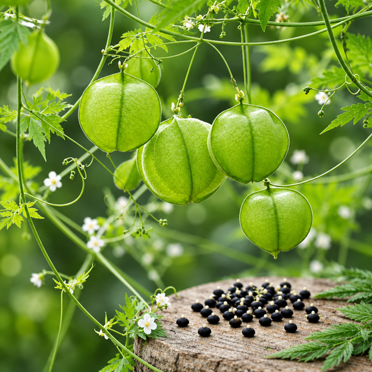 Balloon Vine Love in a Puff Cardiospermum halicacabum climbing on a trellis with green balloon-shaped seed pods and delicate white flowers in Pakistan