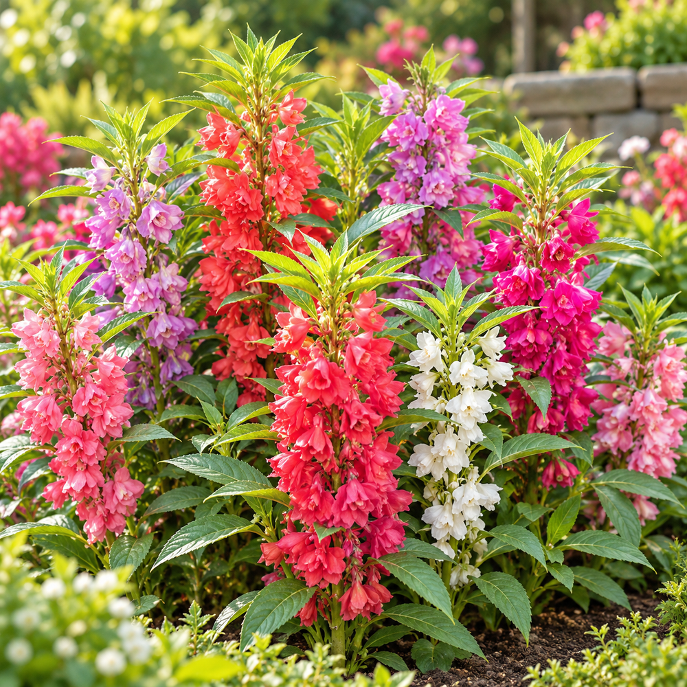 Garden Balsam Bush Gul Mehndi plant with colourful summer flowers growing along upright leafy stems in a home garden – Impatiens balsamina flower seeds Pakistan