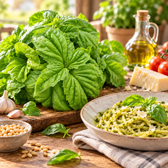 Italian Lettuce Leaf Basil Foglia di Lattuga plant with large broad slightly crinkled aromatic green leaves growing in a home herb garden – basil seeds Pakistan