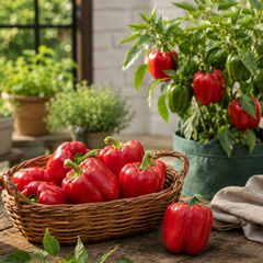Red California Wonder bell peppers with blocky sweet fruits on green plants – winter capsicum seeds for home gardening in Pakistan