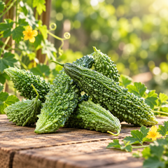 Desi Karela Bitter Gourd with fresh green elongated ridged and bumpy fruits growing on vigorous climbing vines – summer vegetable seeds for kitchen gardens trellises and grow bags in Pakistan