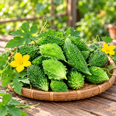 Bitter Gourd Small F1 Hybrid with compact green textured karela fruits growing on climbing vines – summer vegetable seeds for kitchen gardens trellises and grow bags Pakistan