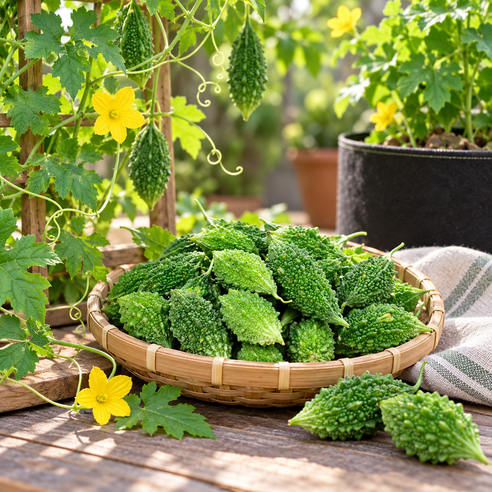Bitter Gourd Small F1 Hybrid with compact green textured karela fruits growing on climbing vines – summer vegetable seeds for kitchen gardens trellises and grow bags Pakistan