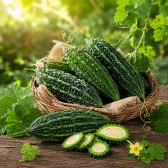 ARASTU F1 Hybrid bitter gourd vine with fresh green karela fruits – summer late vegetable seeds for home gardening in Pakistan