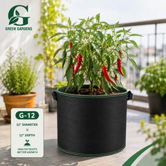 Black G-12 round felt fabric grow bag, 12-inch diameter and 12-inch depth, with 2 handles
