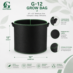 Black G-12 round felt fabric grow bag, 12-inch diameter and 12-inch depth, with 2 handles