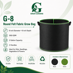 Black G-8 round felt fabric grow bag, 8-inch diameter and 8-inch depth, with 2 handles