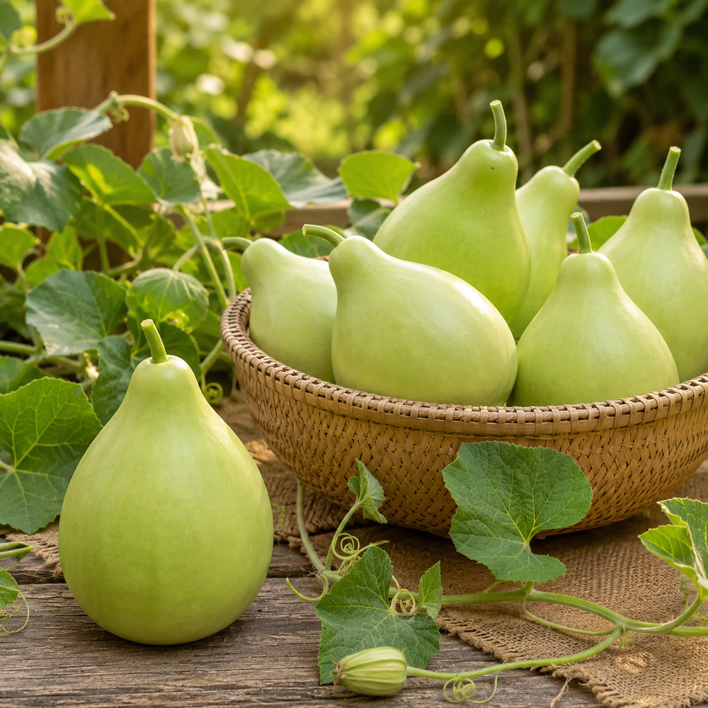 BOLBY F1 Hybrid bottle gourd vine with fresh green bulb-shaped lauki fruits – summer late vegetable seeds for home gardening in Pakistan