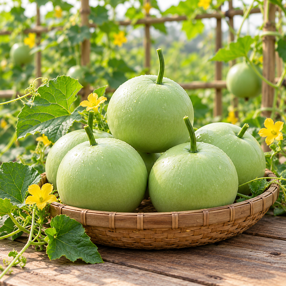 Bottle Gourd Round F1 Hybrid with smooth round light-green lauki fruits growing on vigorous climbing vines – summer vegetable seeds for kitchen gardens trellises and grow bags Pakistan
