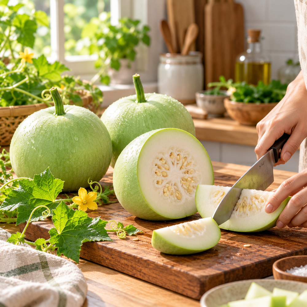 Bottle Gourd Round F1 Hybrid with smooth round light-green lauki fruits growing on vigorous climbing vines – summer vegetable seeds for kitchen gardens trellises and grow bags Pakistan