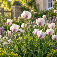 White Breadseed Poppy Papaver somniferum flower with delicate white petals and characteristic poppy form
