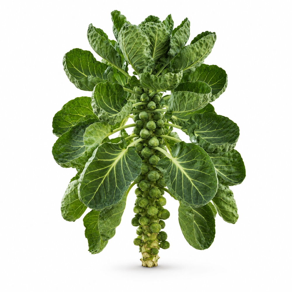 Fresh Brussels sprouts growing on tall green stems – winter vegetable seeds for kitchen gardening in Pakistan