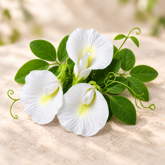 Butterfly Pea White Clitoria ternatea flowering climber with pure white butterfly-shaped flowers growing on a trellis – summer and winter flowering vine seeds in Pakistan