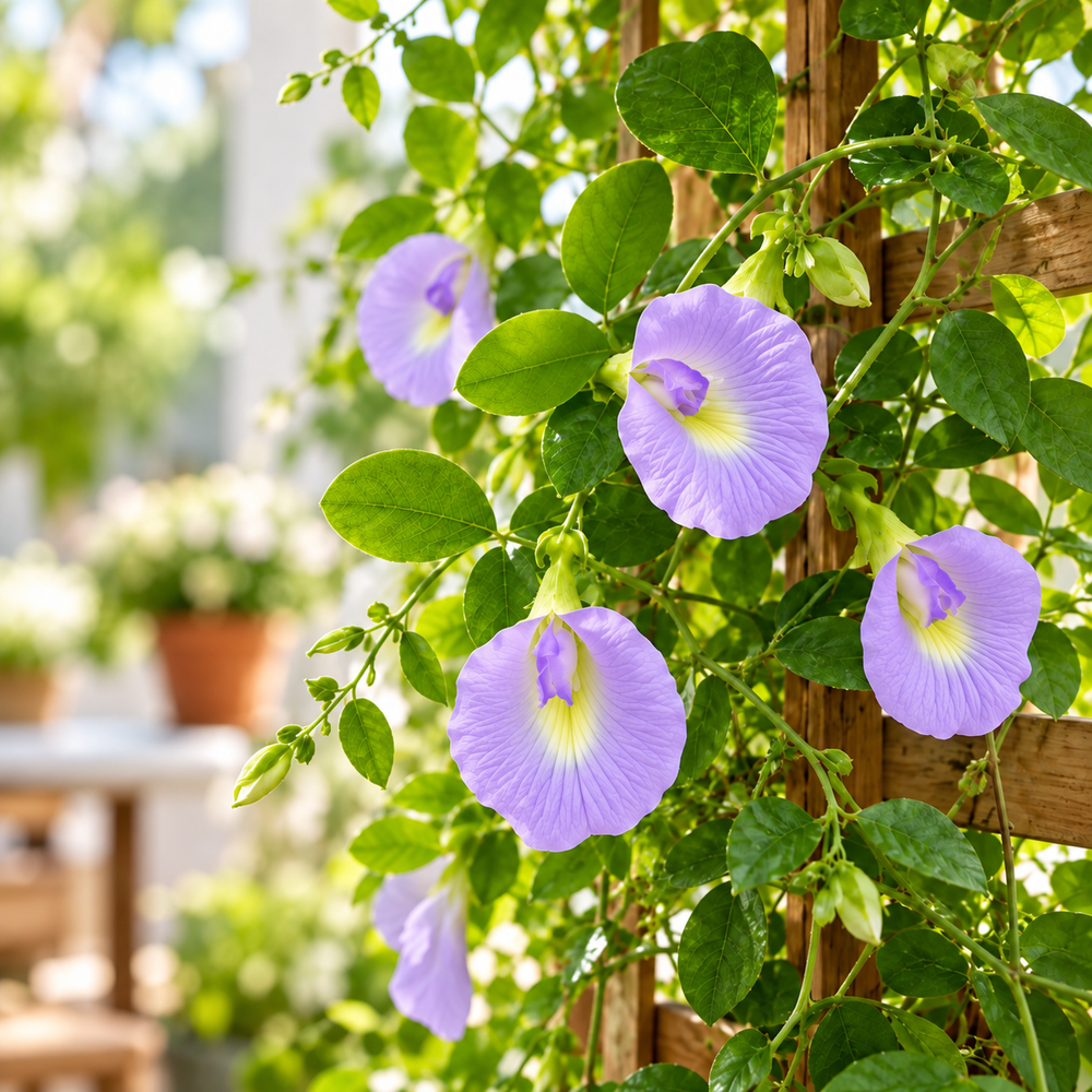 Butterfly Pea Purple Clitoria ternatea flowering climber with deep-purple butterfly-shaped flowers growing on a trellis – summer and winter flower seeds in Pakistan