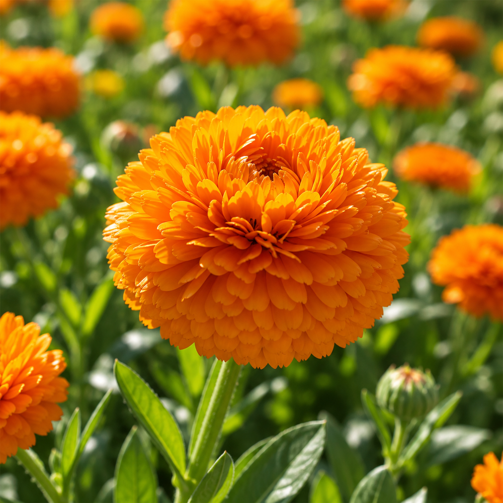 Calendula Double Ball Deep Orange Calendula officinalis with large fully double rich deep orange flowers – winter flower seeds for pots borders beds and grow bags in Pakistan
