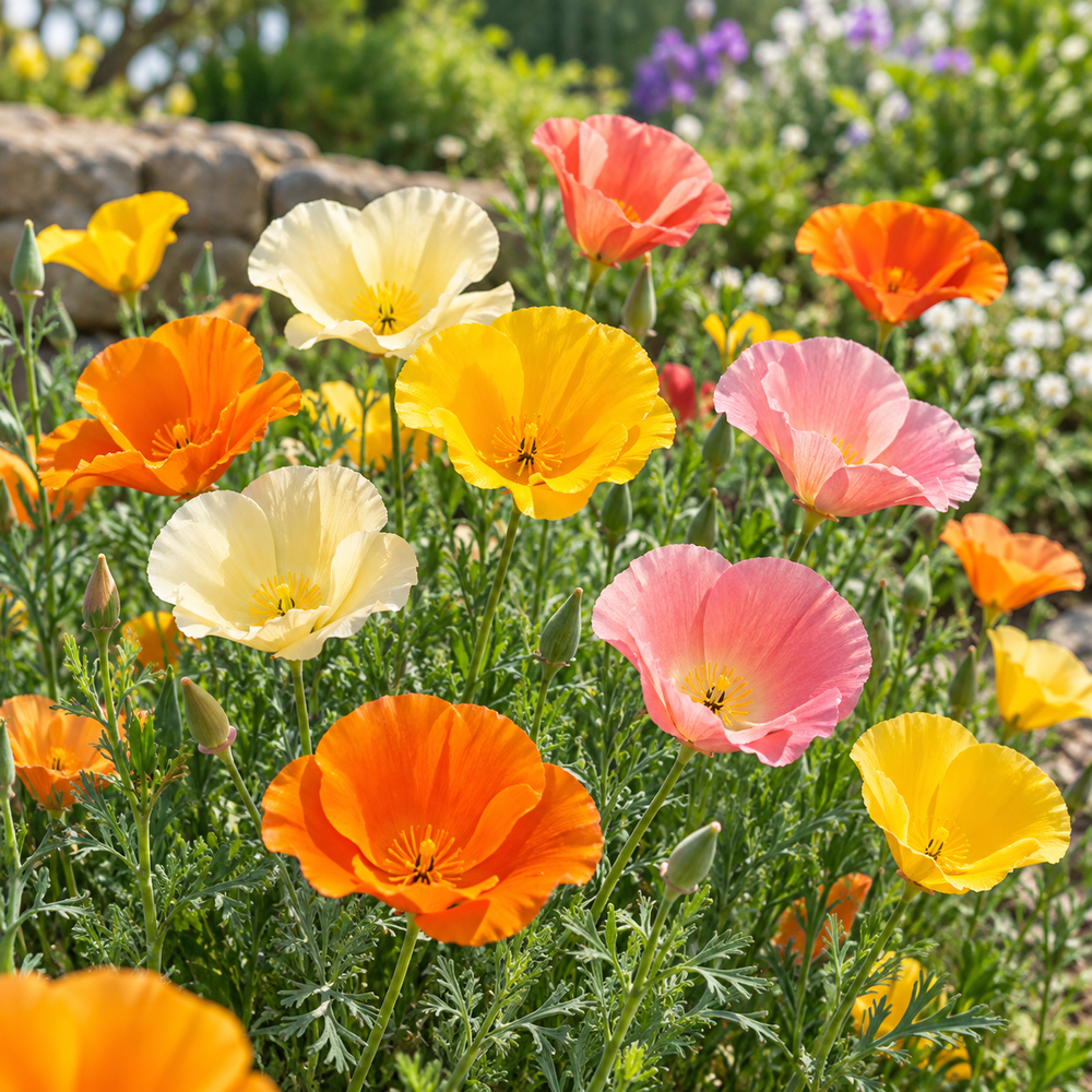 Californian Poppy Mix Eschscholzia californica with colourful silky cup-shaped flowers and fine blue-green foliage – winter flower seeds for sunny gardens in Pakistan