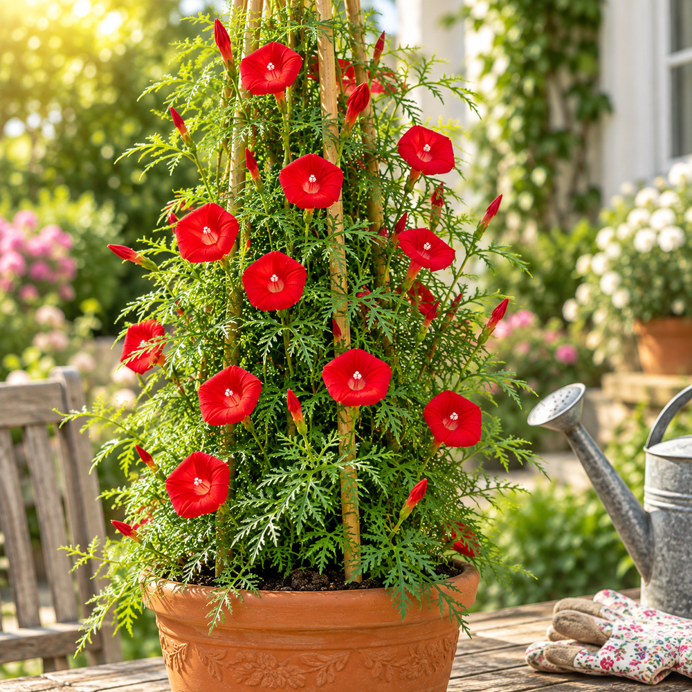 Cardinal Climber with brilliant scarlet-red trumpet-shaped flowers and fine fern-like foliage climbing on trellis – summer vine seeds in Pakistan