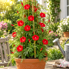 Cardinal Climber with brilliant scarlet-red trumpet-shaped flowers and fine fern-like foliage climbing on trellis – summer vine seeds in Pakistan