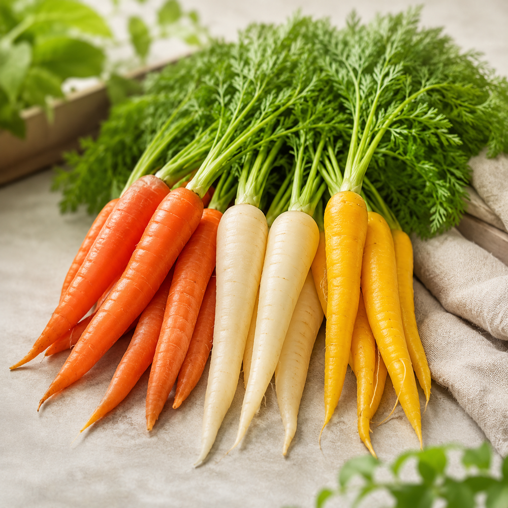 Carrot 3 Colour Mix Seeds showing orange white and yellow carrots – Franchi winter vegetable seeds Pakistan