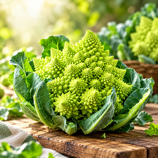 Romanesco Natalino Italian green cauliflower with a compact lime-green head featuring distinctive pointed spiral florets surrounded by healthy green leaves – winter vegetable seeds Pakistan