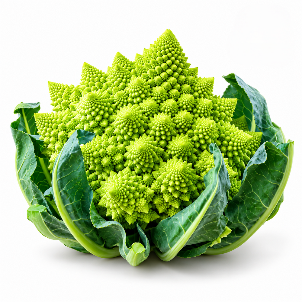Romanesco Natalino Italian green cauliflower with a compact lime-green head featuring distinctive pointed spiral florets surrounded by healthy green leaves – winter vegetable seeds Pakistan