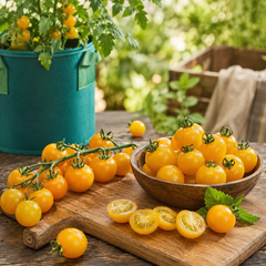 Yellow Cherry Tomato Determinate plant with ripe bright yellow cherry tomatoes