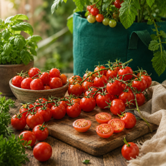 Red cherry tomatoes growing in clusters on a healthy indeterminate vine – Cherry Vine Tomato Seeds for summer and winter gardening in Pakistan