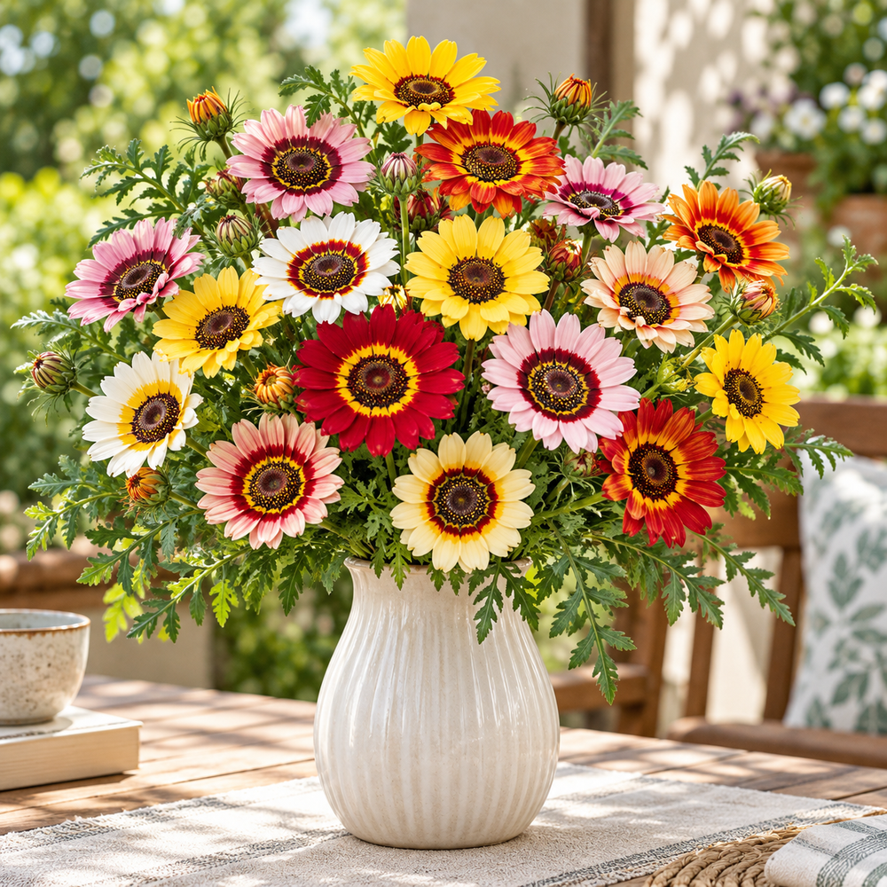 Tricolor Daisy Chrysanthemum carinatum Ismelia carinata with colourful white yellow and deep red ringed flowers – winter flower seeds for gardens in Pakistan