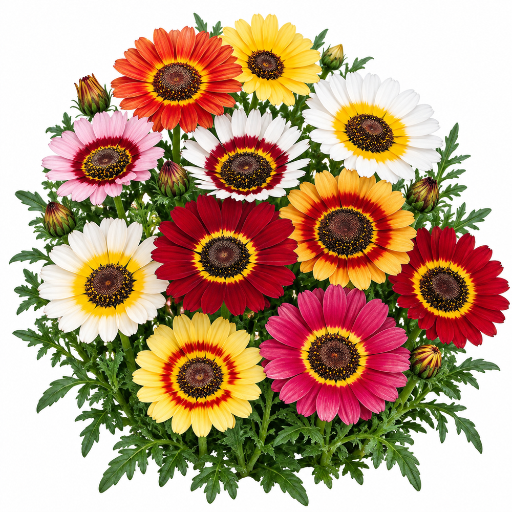 Tricolor Daisy Chrysanthemum carinatum Ismelia carinata with colourful white yellow and deep red ringed flowers – winter flower seeds for gardens in Pakistan
