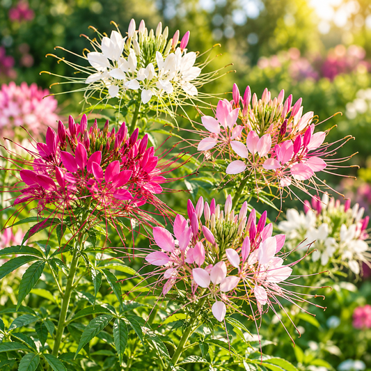Cleome Spider Flower Mix with tall upright plants bearing elegant pink purple lavender and white flower clusters with long spider-like stamens – summer flower seeds Pakistan
