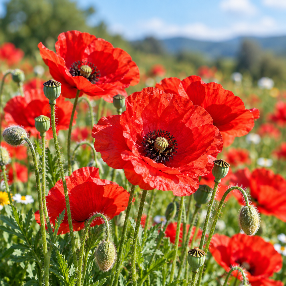 Corn Poppy Red Papaver rhoeas with bright silky scarlet-red flowers and dark centres – winter flower seeds for pots beds borders and grow bags in Pakistan