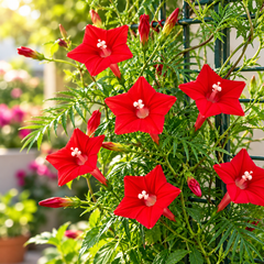 Red Cypress Vine Ipomoea quamoclit with brilliant scarlet-red star-shaped flowers and fine fern-like foliage climbing on trellis – summer vine seeds in Pakistan
