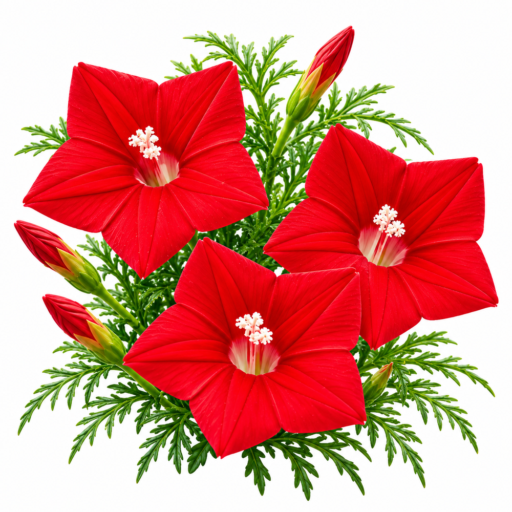 Red Cypress Vine Ipomoea quamoclit with brilliant scarlet-red star-shaped flowers and fine fern-like foliage climbing on trellis – summer vine seeds in Pakistan