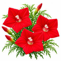 Red Cypress Vine Ipomoea quamoclit with brilliant scarlet-red star-shaped flowers and fine fern-like foliage climbing on trellis – summer vine seeds in Pakistan