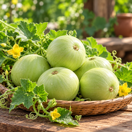 Desi Tinda Light Green Apple Gourd with round tender light-green fruits growing among healthy green leaves and spreading vines – summer vegetable seeds for kitchen gardens and grow bags Pakistan