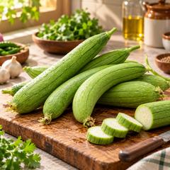 Desi Tori Sponge Gourd with elongated smooth light-green tender fruits hanging from healthy climbing vines – summer vegetable seeds for kitchen gardens trellises and grow bags Pakistan