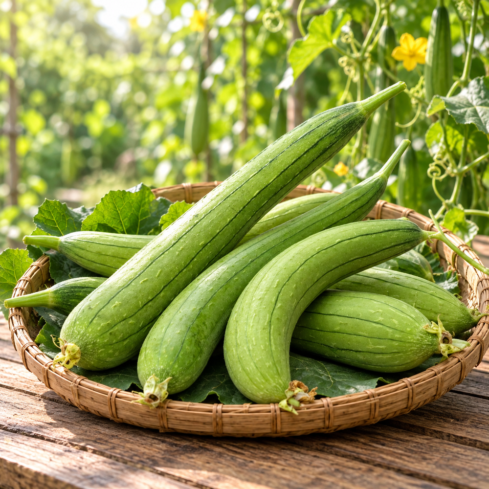 Desi Tori Sponge Gourd with elongated smooth light-green tender fruits hanging from healthy climbing vines – summer vegetable seeds for kitchen gardens trellises and grow bags Pakistan